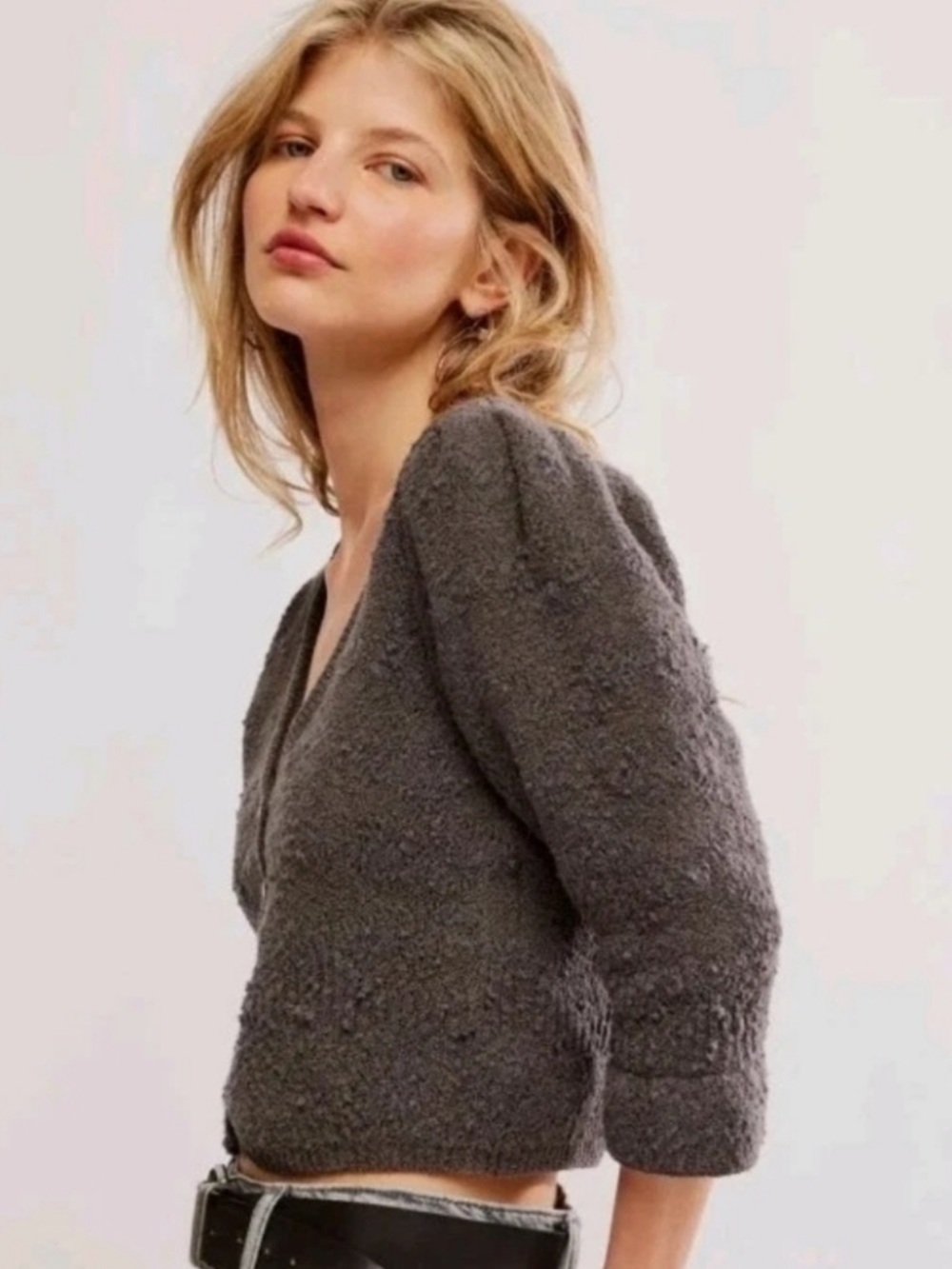 Free People Structured Puff Sleeve Cropped Floral Cardi Charcoal Grey medium